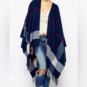 Ganni Fringed Poncho in Navy Check